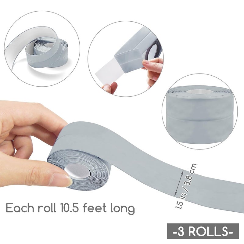 BHUCUTU 3 Rolls 1.5 Inch Caulk Tape Self Adhesive Toilet Caulking Strip Bathroom Sealing Caulk Strip Peel and Stick Bathtub Caulking Tape, 10.5 Feet Each Roll (Grey) - Image 2
